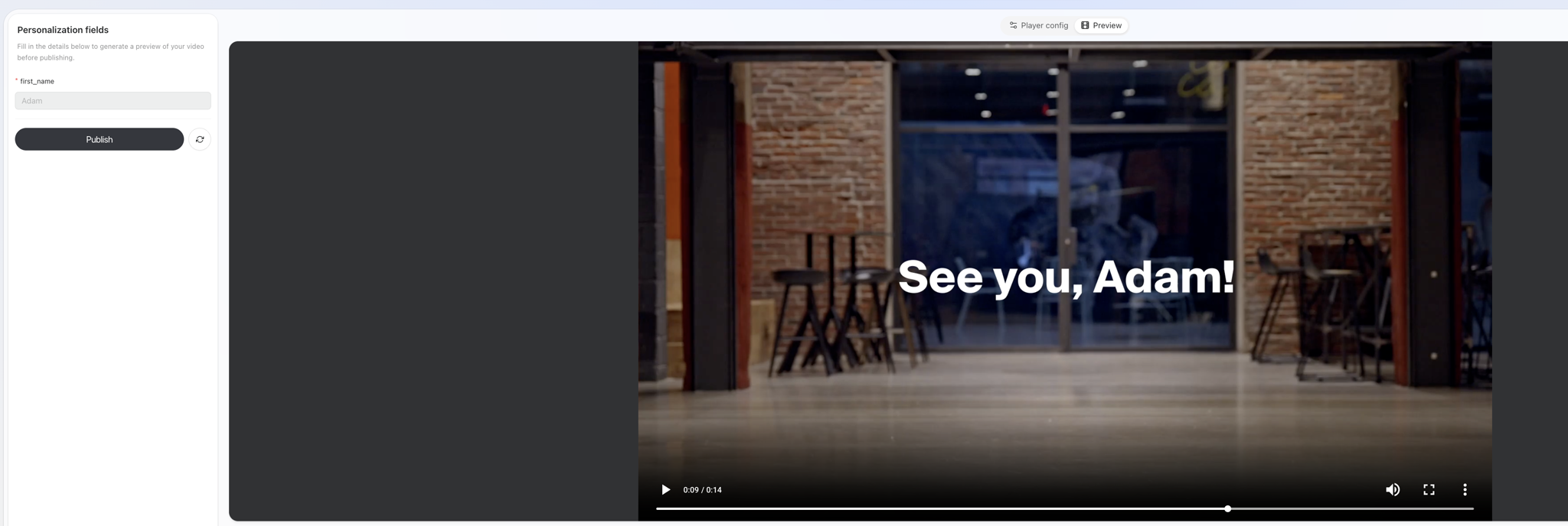 Review page with personalisation fields, a generated preview, and the Publish button
