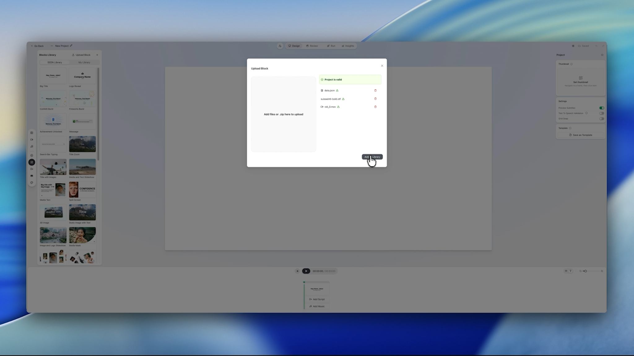 Upload Block dialog with a valid project ready to add to the library