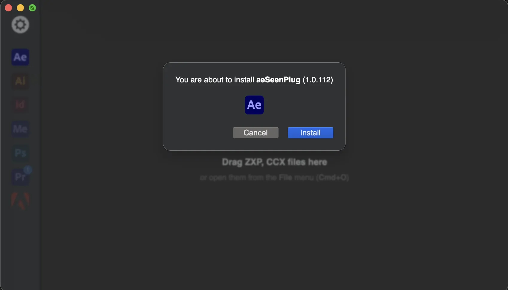 ZXPInstaller dialog installing the aeSeenPlug extension